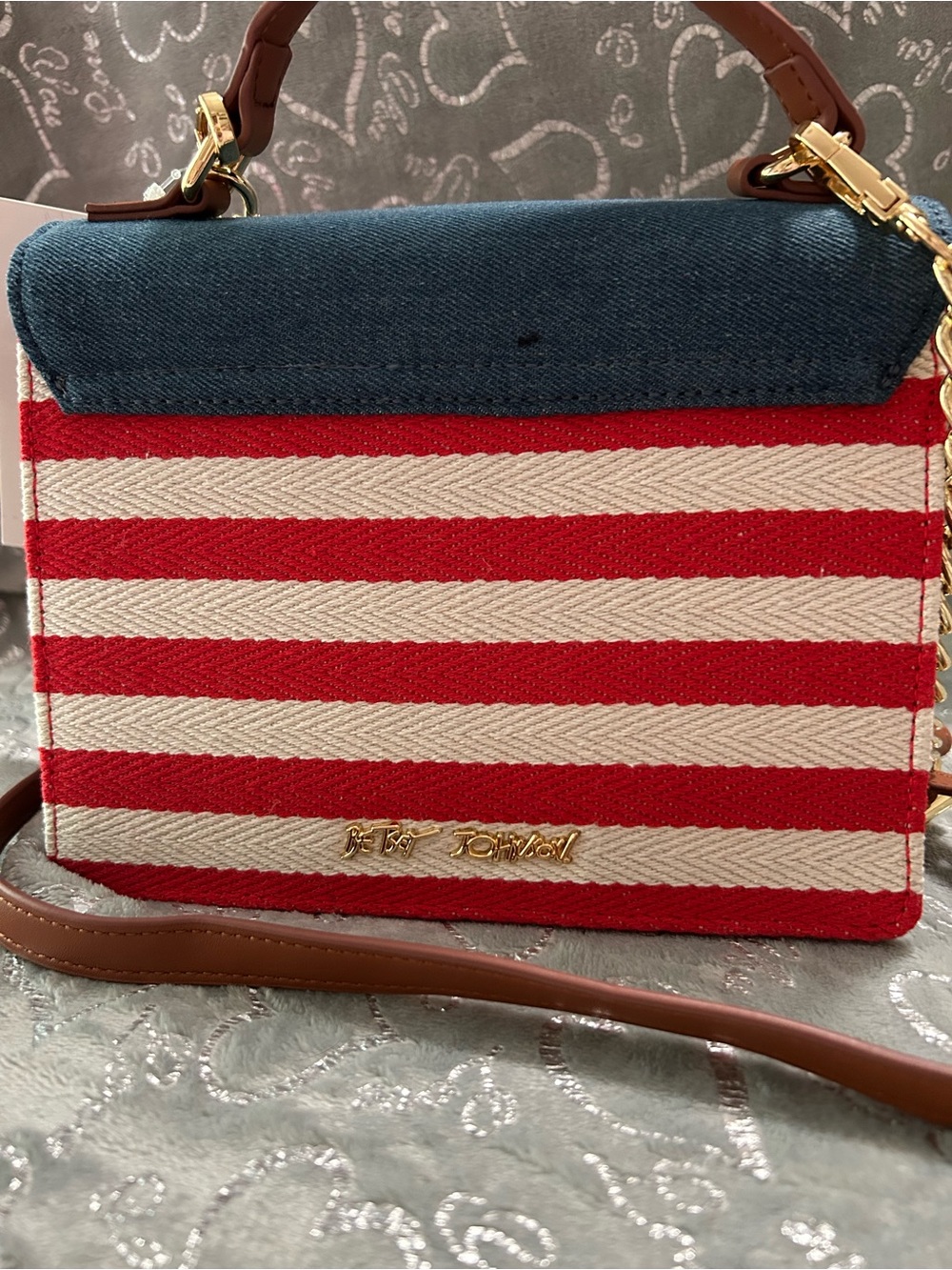 NWT Betsey Johnson, Mini, Red, White & Blue Star Studded Crossbody with Charm - Picture 8 of 12